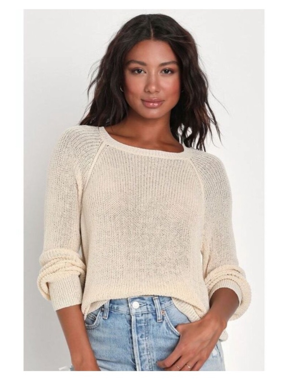 Lulu's Women's Cream Crew Neck Sweater